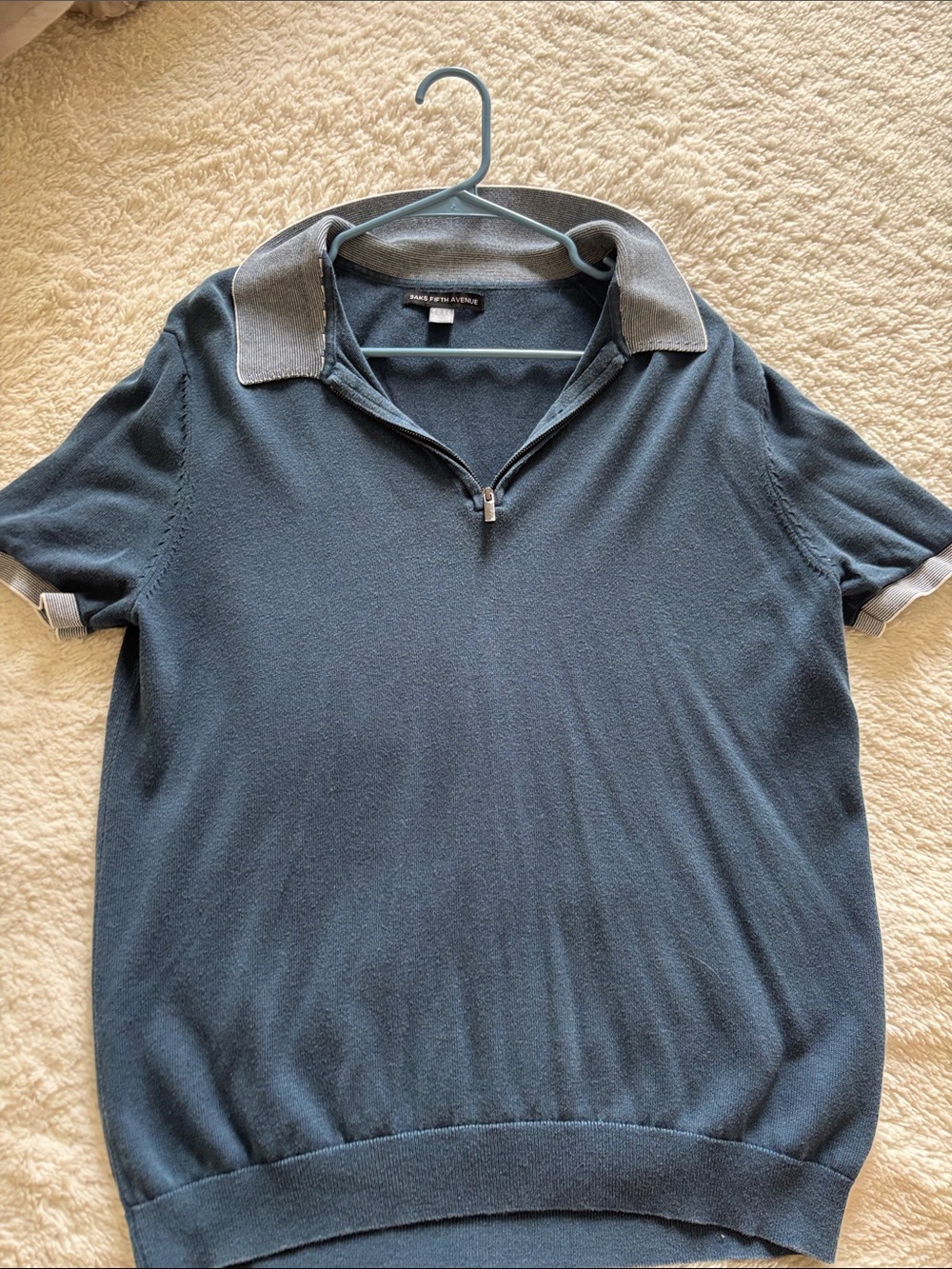 Saks Fifth Avenue Short-Sleeve Half-Zip Polo in Slate Blue with Gray Contrast